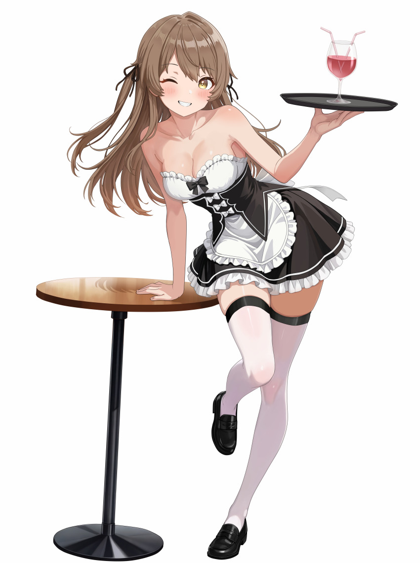 1girl, absurdres, alternate_costume, apron, black_dress, black_shoes, blush, bow