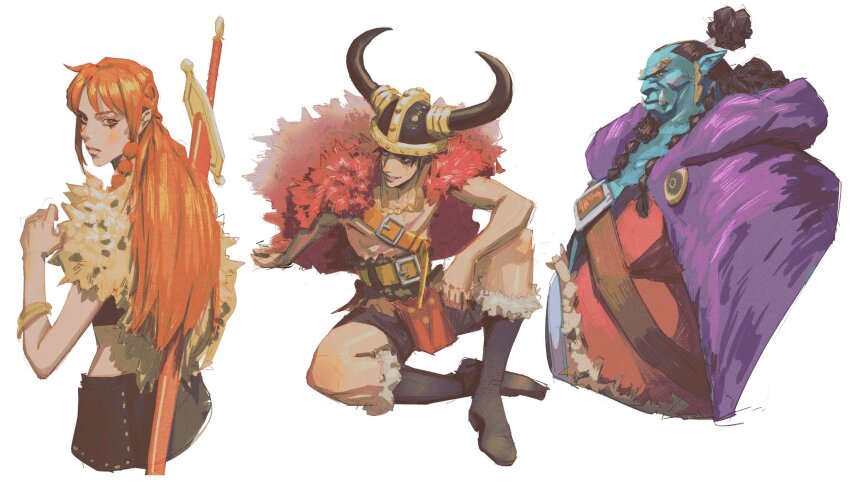 1girl, 2boys, belt, belt_buckle, black_hair, blue_skin, boots, bracelet