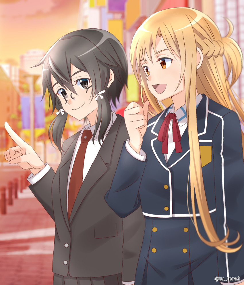 2girls, :d, absurdres, artist_name, asada_shino, asuna_(sao), black-framed_eyewear, black_hair