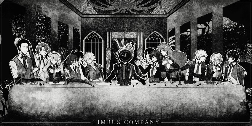 1other, 6+boys, 6+girls, absurdres, bow, branch, chain, clock