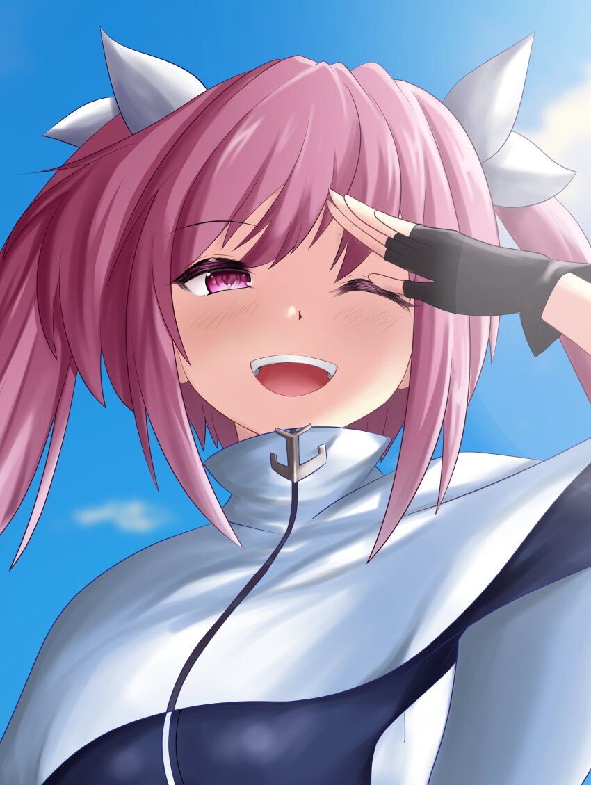 1girl, ;d, absurdres, azur_lane, black_gloves, blue_sky, cape, cleveland_(azur_lane)