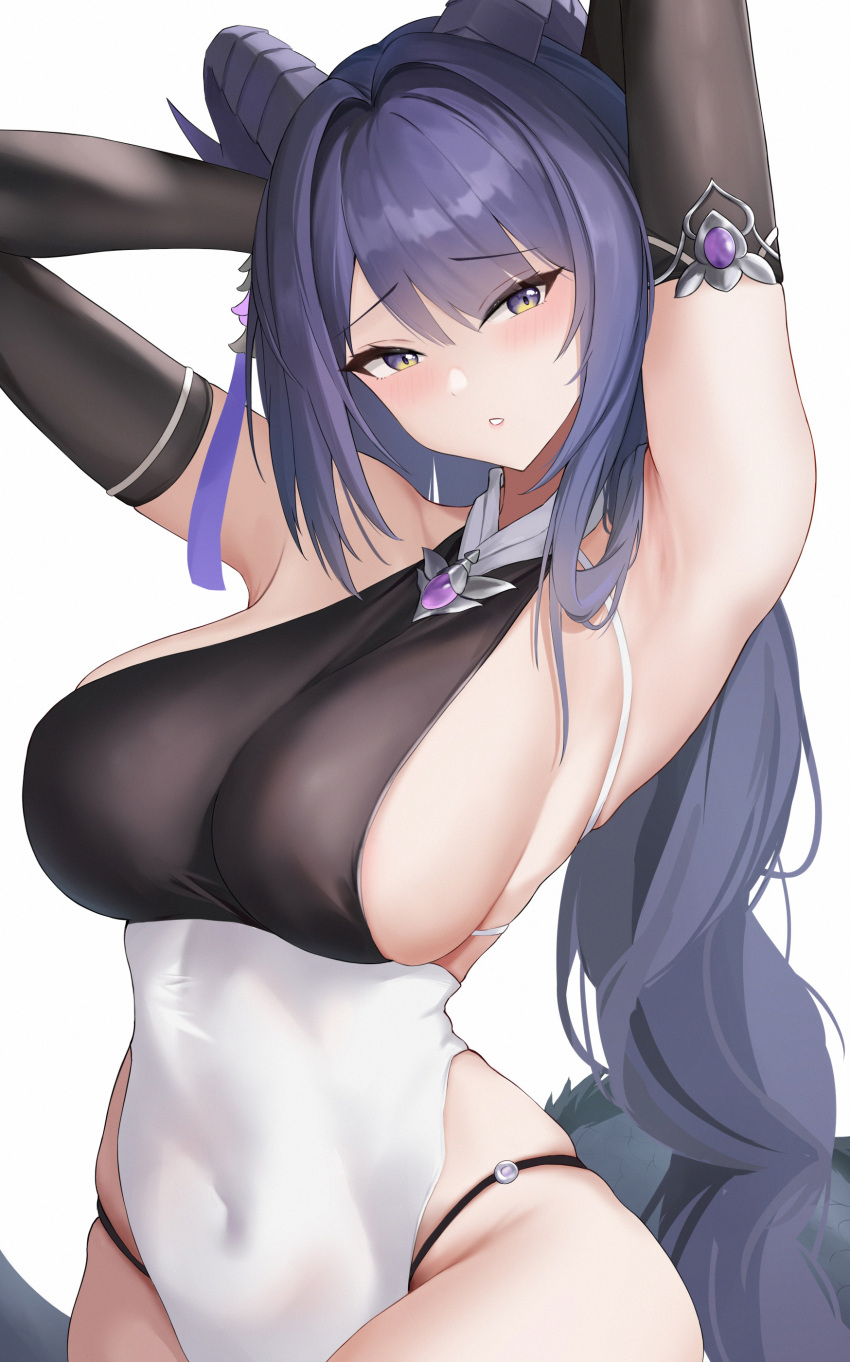 1girl, absurdres, armpits, arms_behind_head, azur_lane, black_gloves, black_hair, black_horns
