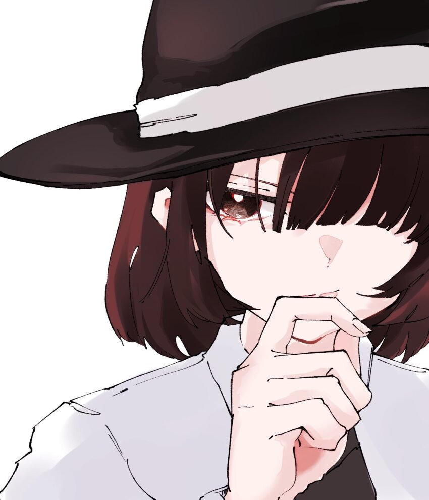 1girl, black_hat, black_necktie, brown_eyes, brown_hair, closed_mouth, collared_shirt, commentary