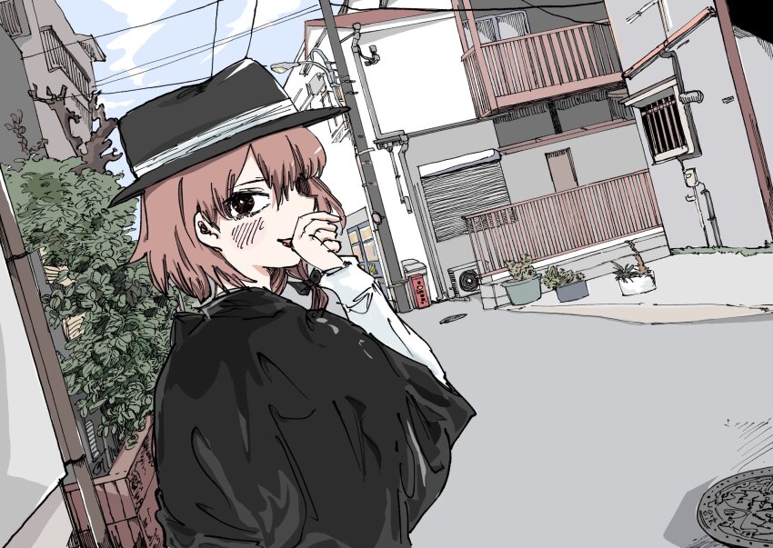 1girl, black_bow, black_capelet, black_hat, blush, bow, brown_hair, capelet