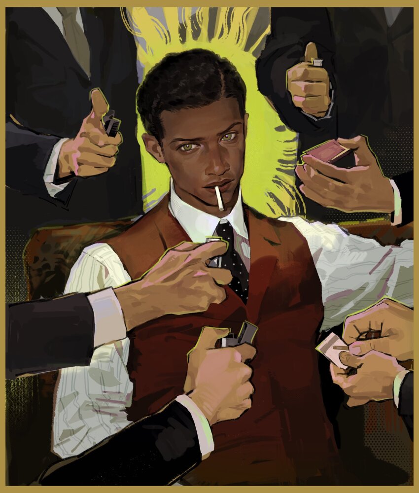 6+boys, black_hair, black_suit, cigarette, collared_shirt, commentary, dark-skinned_male, dark_skin
