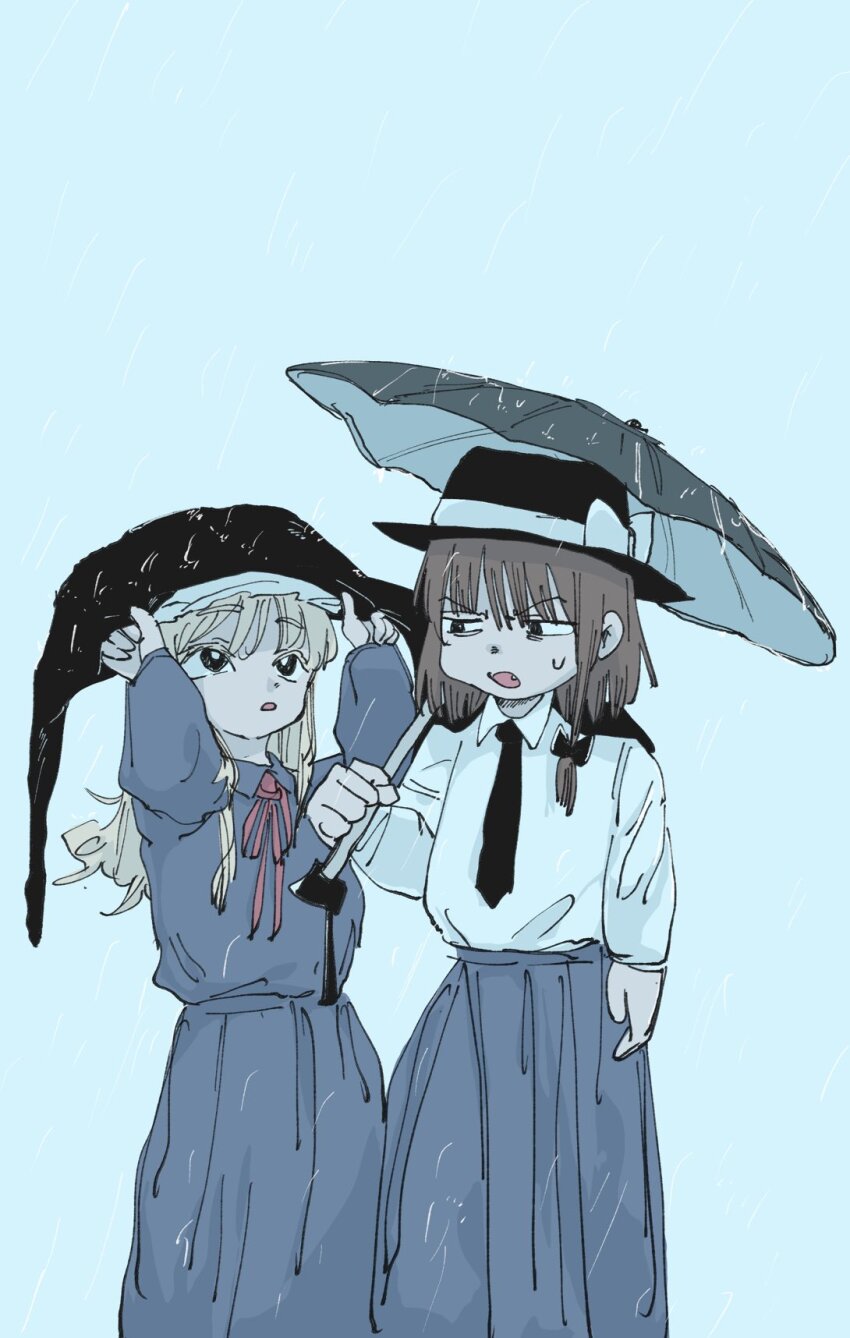 2girls, black_bow, black_capelet, black_hat, blonde_hair, blue_skirt, bow, brown_hair