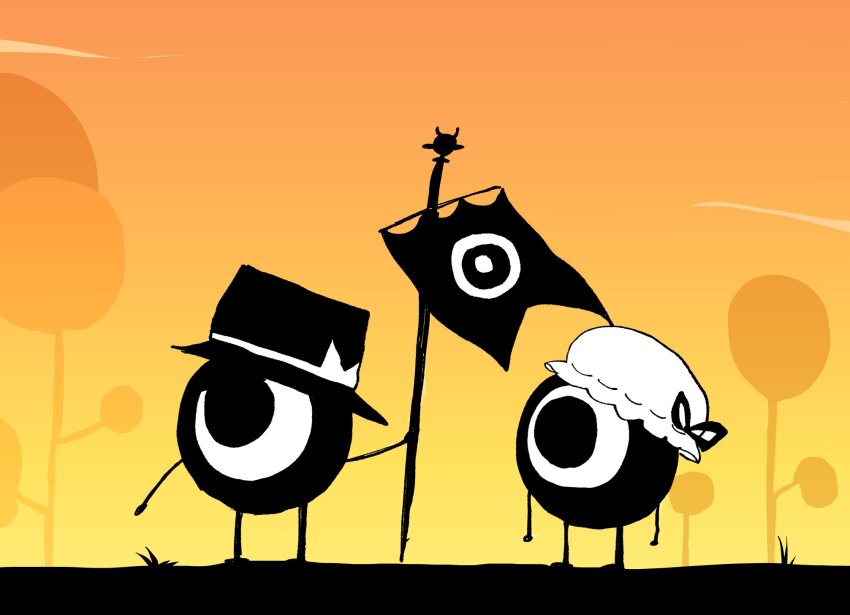 black_hat, black_ribbon, bow, commentary, copyright_request, dusk, eyeball, flag