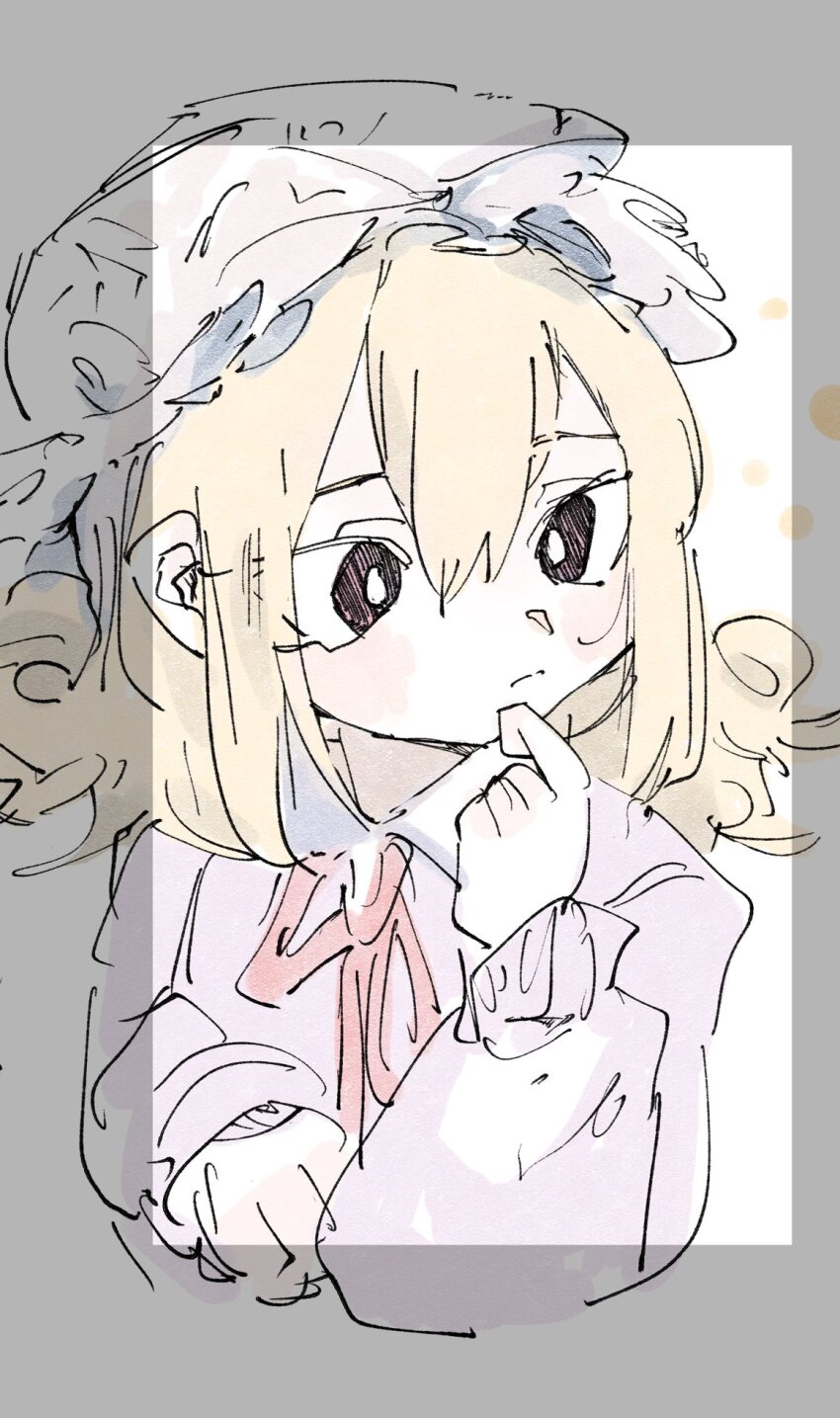 1girl, arm_rest, blonde_hair, blush_stickers, closed_mouth, collared_dress, commentary, dress