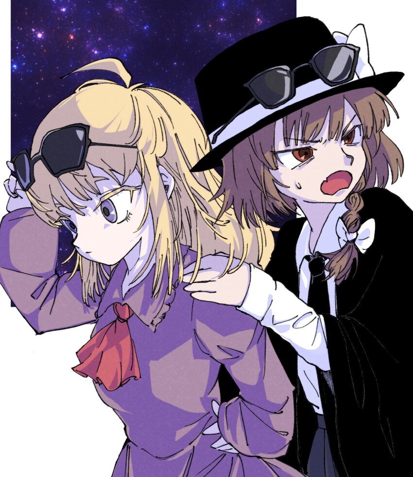 2girls, adjusting_eyewear, ahoge, ascot, black_cape, black_hat, black_necktie, blonde_hair