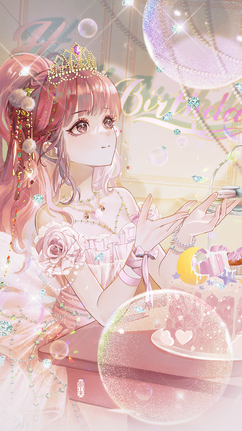 1girl, bare_shoulders, bead_bracelet, bead_necklace, beads, birthday, birthday_cake, blunt_bangs