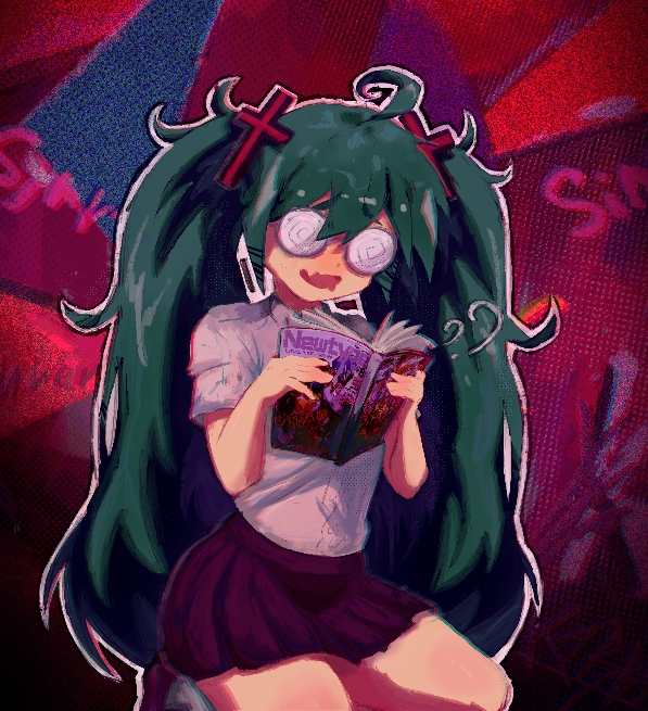 1girl, abstract_background, ahoge, blue_hair, blukirby47, blush, book, brown_shoes, coke-bottle_glasses, collared_shirt, confessions_of_a_rotten_girl_(vocaloid), cross_hair_ornament, dithered_background, dithering, dress_shirt, glasses, hair_ornament, hatsune_miku, holding, holding_book, kneeling, long_hair, messy_hair, miniskirt, newtype, open_mouth, pleated_skirt, raised_eyebrows, reading, red_background, round_eyewear, saliva, shirt, shoes, short_sleeves, skirt, socks, solo, thick_eyebrows, twintails, uwabaki, vocaloid, white_shirt, white_socks