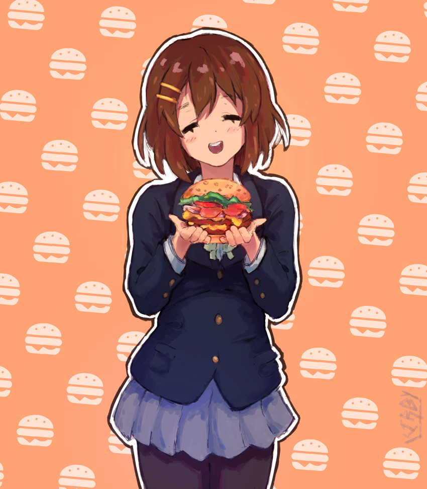 1girl, =_=, abstract_background, absurdres, blazer, blue_jacket, blue_ribbon, blue_skirt