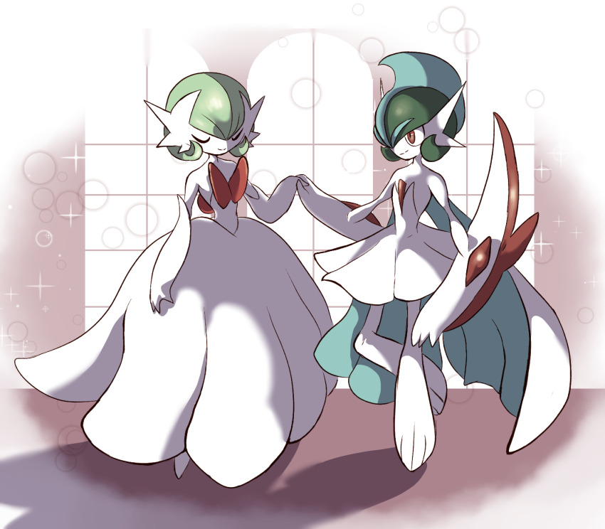 2girls, alternate_design, alternate_hairstyle, alternate_universe, arm_blade, arm_warmers, bob_cut, cape, cathedral, church, closed_eyes, colored_skin, commentary, dress, english_commentary, facing_another, fakemon, gallade, gardevoir, gen_3_pokemon, gen_4_pokemon, genderswap, genderswap_(mtf), gown, green_hair, highres, holding_hands, indoors, interlocked_fingers, lampette, looking_at_another, mega_gallade, mega_gardevoir, mega_pokemon, mega_pokemon_(other), mohawk, multiple_girls, nintendo, offering_hand, pokemon, pokemon_(creature), pokemon_focus, red_eyes, skirt, sparkle, strapless, strapless_dress, tutu, vignetting, weapon, white_arm_warmers, white_background, white_cape, white_dress, white_skin, white_skirt, window
