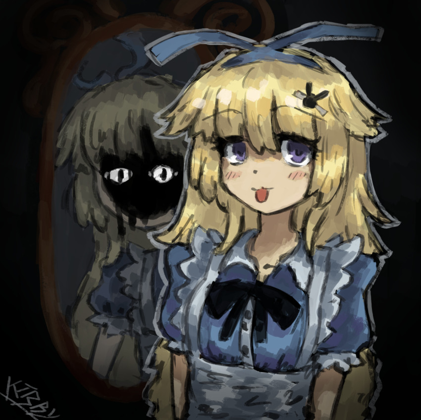 1girl, :3, alice_(black_souls), apron, artist_name, black_background, black_ribbon, black_souls, black_souls_2, blonde_hair, blue_dress, blue_eyes, blue_ribbon, blukirby47, blush_stickers, collared_dress, commentary, contrast_collar, different_reflection, dress, dual_persona, english_commentary, hair_ribbon, highres, horror_(theme), looking_at_viewer, mirror, mixed-language_commentary, neck_ribbon, no_mouth, puffy_short_sleeves, puffy_sleeves, reflection, ribbon, russian_commentary, short_sleeves, sister_alice_(black_souls), tareme, thick_eyelashes, tongue, tongue_out, upper_body, white_apron, white_eyes