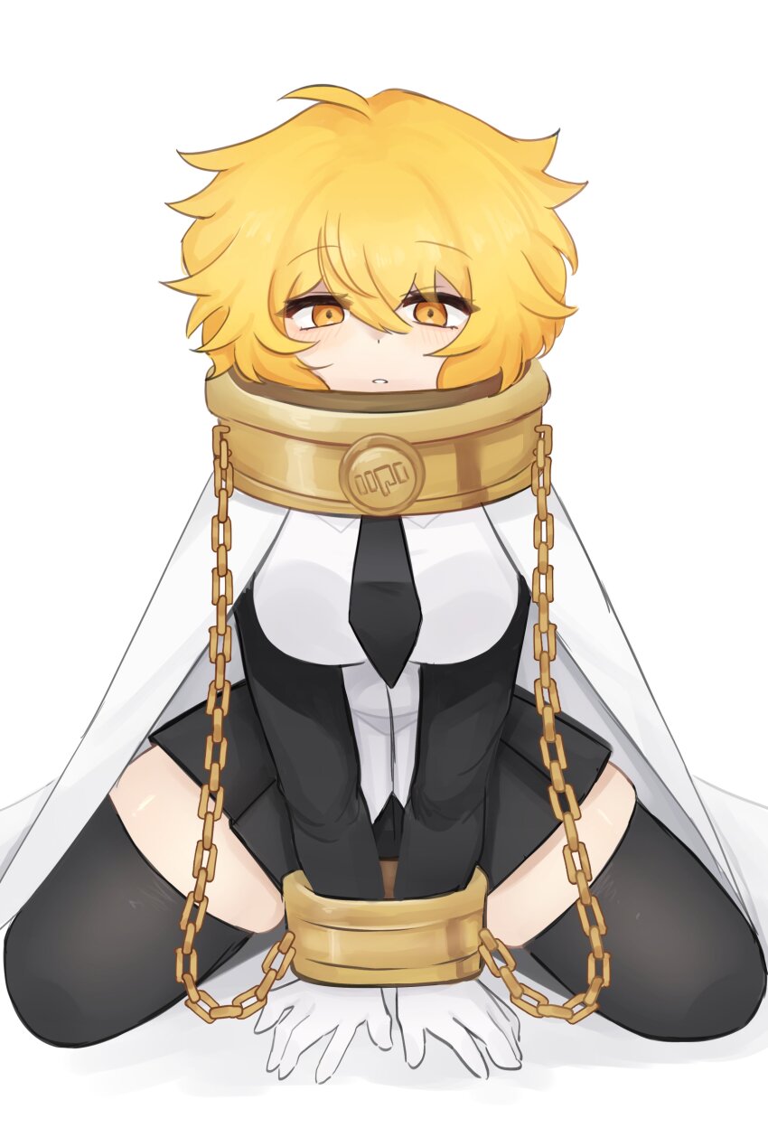 1girl, absurdres, black_necktie, black_skirt, black_thighhighs, blonde_hair, blush_stickers, bound