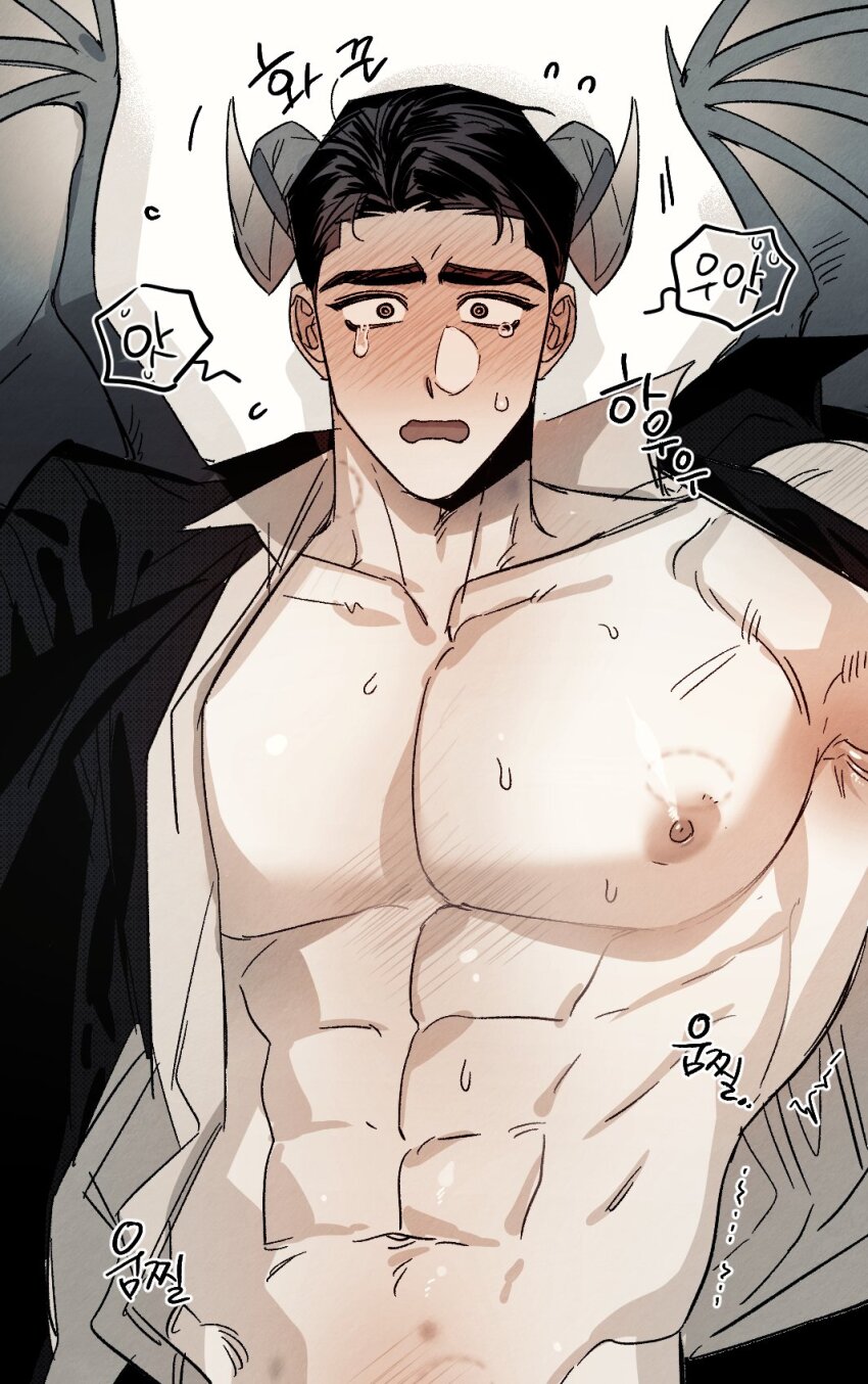 1boy, abs, bara, bite_mark_on_pectorals, black_hair, black_jacket, blush, body_blush