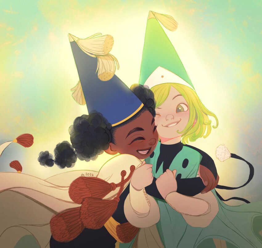 2girls, afro_puffs, blonde_hair, child, cloak, closed_eyes, coco_(tongari_boushi_no_atelier), commentary