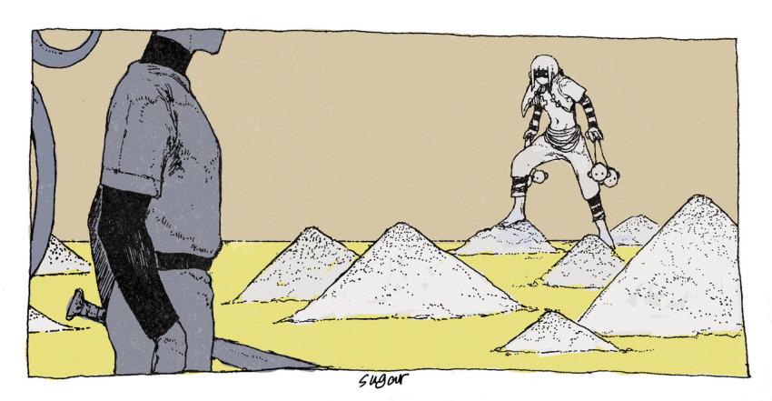 1boy, 1girl, barefoot, baseball_bat, border, character_name, hatching_(texture), head_out_of_frame