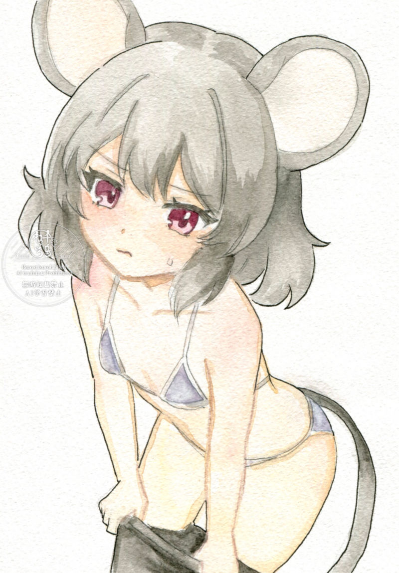 1girl, alternate_costume, animal_ears, bikini, black_pantyhose, blue_bikini, breasts, chidori_nekoro, collarbone, dutch_angle, grey_hair, leaning_forward, light_frown, loli, medium_hair, micro_bikini, mouse_ears, mouse_girl, mouse_tail, nazrin, pantyhose, photo_(medium), red_eyes, removing_pantyhose, small_breasts, solo, sweatdrop, swimsuit, tail, touhou, traditional_media, tsurime, undressing, watermark, white_trim