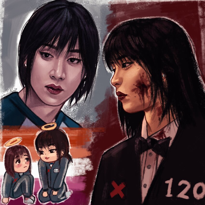 2girls, absurdres, adam's_apple, aegyo_sal, arms_at_sides, black_bow, black_bowtie, black_eyes