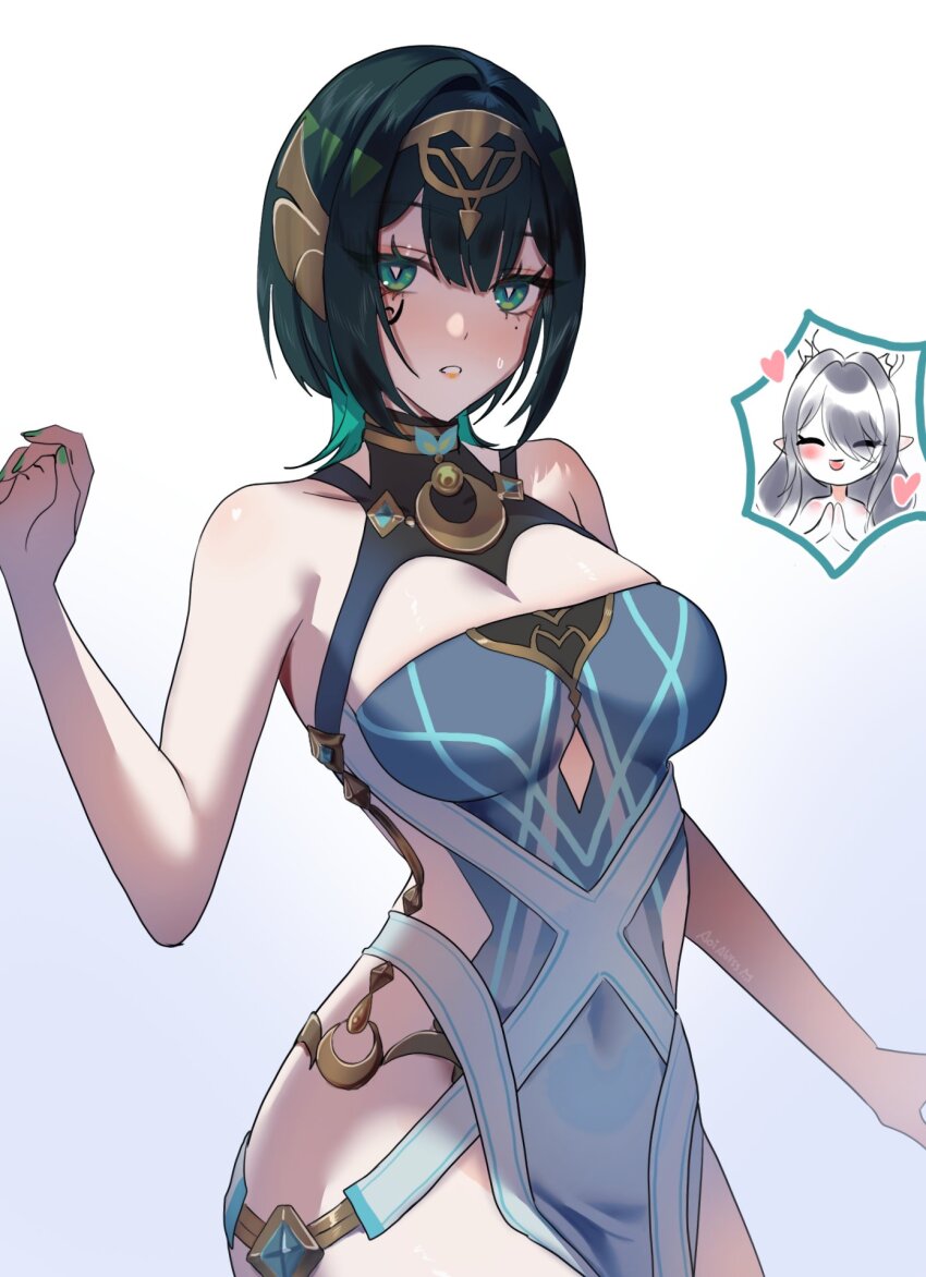 2girls, aoiabyss, bare_shoulders, breasts, commentary_request, cosplay, genshin_impact, green_eyes, green_hair, hair_between_eyes, hand_up, highres, large_breasts, lauma_(genshin_impact), lauma_(genshin_impact)_(cosplay), multiple_girls, nefer_(genshin_impact), parted_lips, simple_background, sleeveless, small_sweatdrop, solo_focus, spanish_commentary, symbol-shaped_pupils, triangle-shaped_pupils, white_background