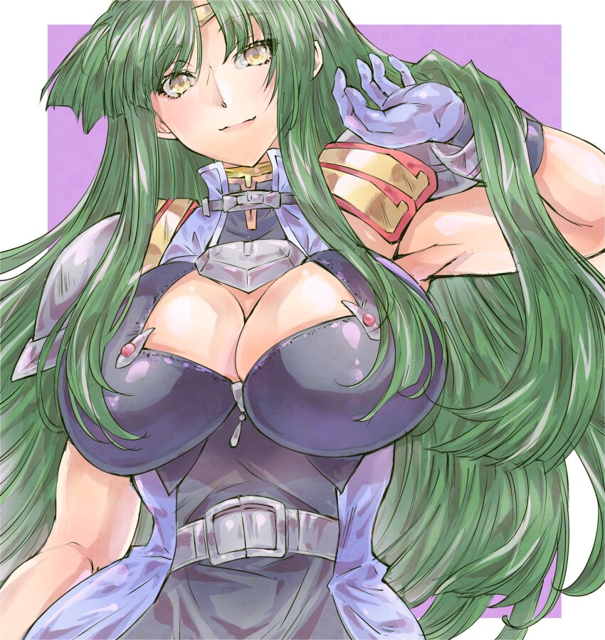 1girl, absurdres, big_hair, border, breasts, cleavage, cleavage_cutout, closed_mouth