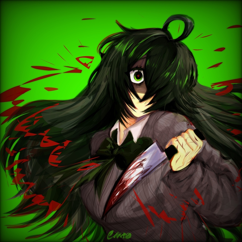 1girl, black_bow, black_hair, blood, bloody_knife, bow, commentary, degrees_of_lewdity, english_commentary, green_background, green_eyes, hair_over_one_eye, heart, heart-shaped_pupils, highres, holding, holding_knife, knife, kylar_(degrees_of_lewdity), kylar_(female)_(degrees_of_lewdity), nroleo, scar, scar_on_hand, simple_background, solo, symbol-shaped_pupils