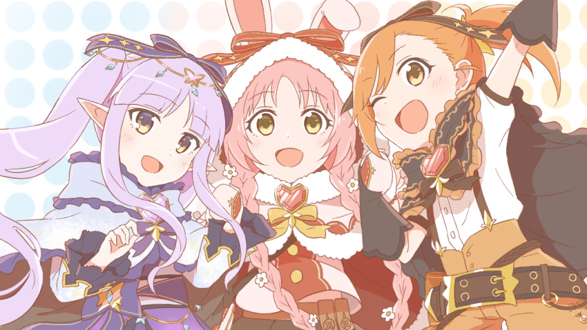 3girls, animal_ears, animal_hood, belt, black_gloves, blush, braid, brooch, cape, capelet, commentary_request, dress, fake_animal_ears, flower, fujiyama_(yellow), gloves, gradient_background, hair_flower, hair_ornament, halftone, halftone_background, holding_hands, hood, jewelry, kyoka_(princess_connect!), little_lyrical, long_hair, long_sleeves, looking_at_viewer, mimi_(princess_connect!), misogi_(princess_connect!), mittens, multiple_girls, open_mouth, orange_hair, orange_shorts, outstretched_arm, pink_hair, pointy_ears, ponytail, princess_connect!, purple_dress, purple_hair, rabbit_ears, shirt, short_hair, short_sleeves, shorts, skirt, smile, suspenders, twin_braids, twintails, white_shirt, yellow_eyes