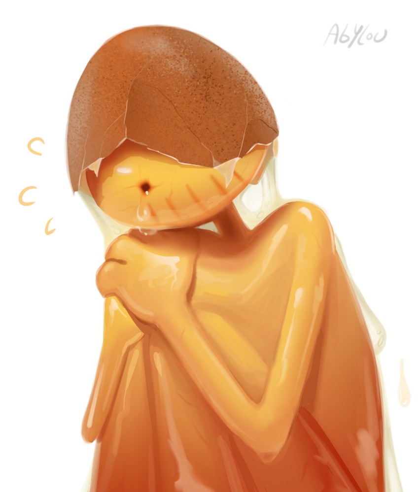 1boy, abylou, colored_skin, colored_teeth, egg, egg_yolk, eggshell, highres, jax_(the_amazing_digital_circus), look-alike, looking_at_viewer, male_focus, no_skin, painterly, peeled_jax, skinned, solo, teeth, the_amazing_digital_circus, yellow_skin, yellow_teeth