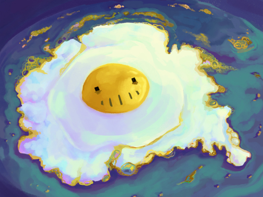 1boy, bags_under_eyes, bubble, colored_teeth, food_focus, fried_egg, highres, jax_(the_amazing_digital_circus), painterly, peeled_jax, sinaabee, solo, teeth, the_amazing_digital_circus, yellow_teeth