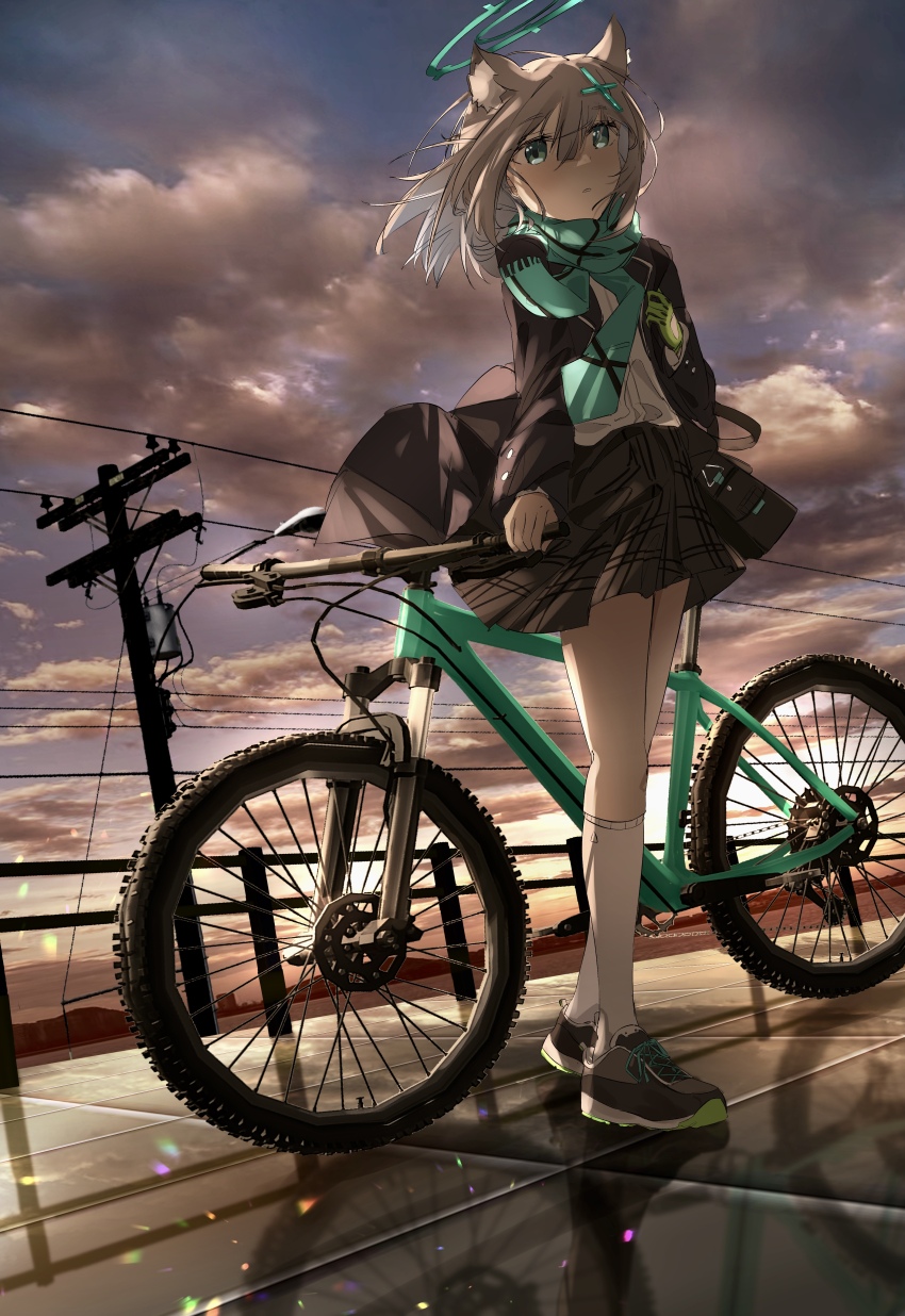 1girl, absurdres, animal_ear_fluff, animal_ears, bicycle, black_shoes, blue_archive, blue_halo
