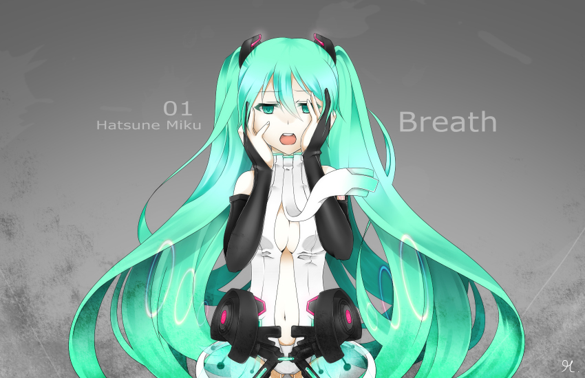 1girl, aqua_eyes, aqua_hair, bad_id, bad_pixiv_id, elbow_gloves, female_focus, fingerless_gloves, gloves, hatsune_miku, hatsune_miku_(append), highres, long_hair, navel, necktie, open_mouth, renren_(suiren-ame), solo, twintails, very_long_hair, vocaloid, vocaloid_append