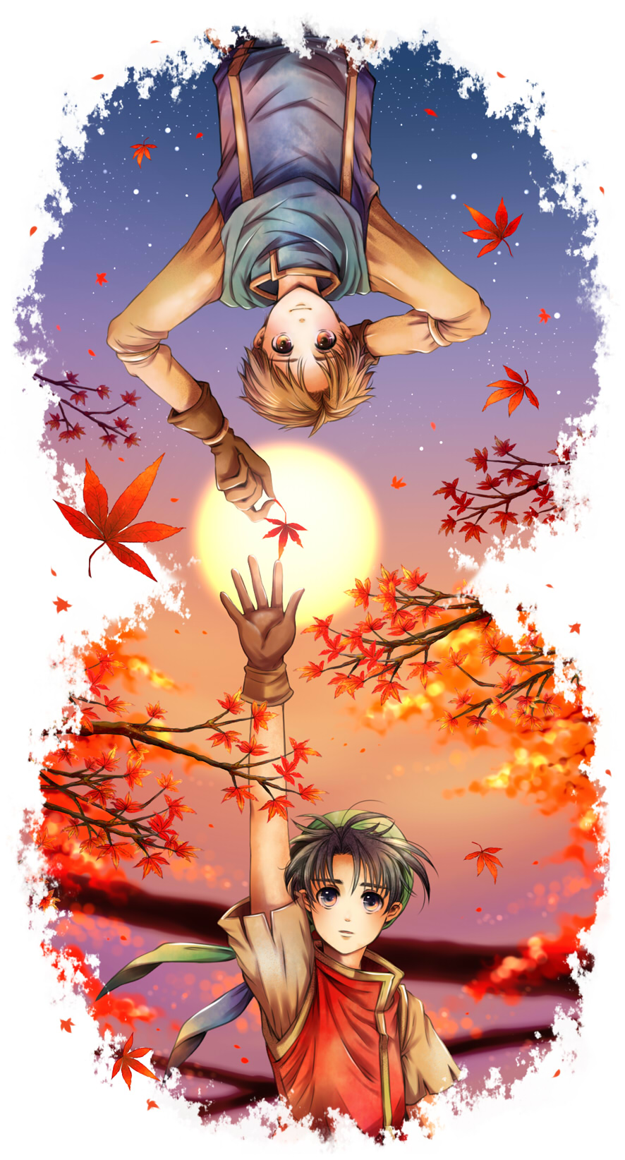 2boys, arm_up, autumn, bandana, black_hair, brown_eyes, brown_hair, gensou_suikoden, gensou_suikoden_i, gloves, highres, leaf, male_focus, multiple_boys, smile, sukimottsu, ted, ted_(suikoden), tir_mcdohl, tree, upside-down