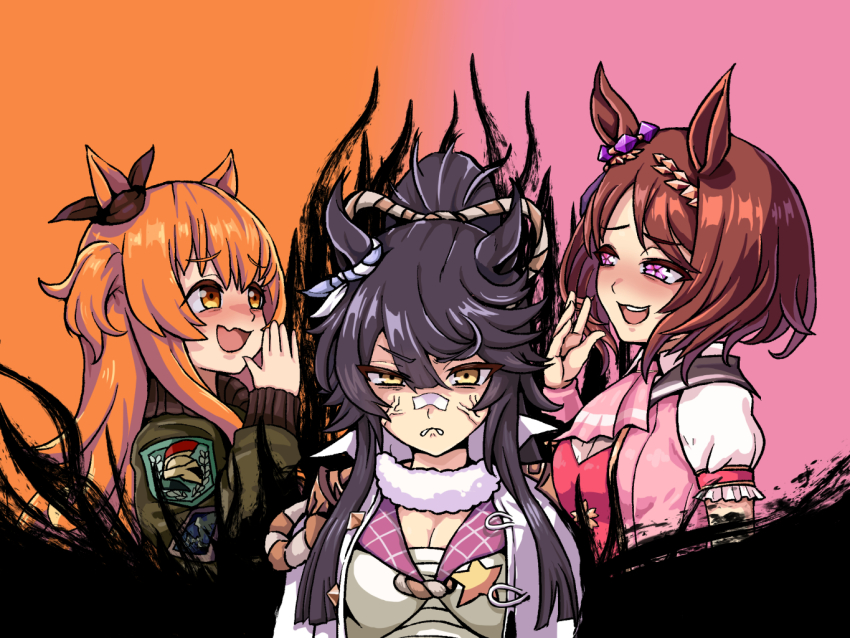 3girls, angry, animal_ears, ascot, bandages, bandaid, bandaid_on_face, bandaid_on_nose