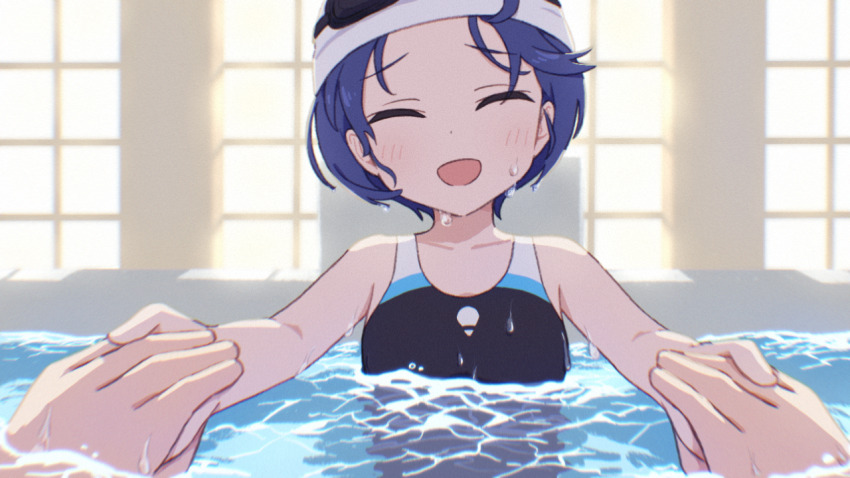 1girl, bare_shoulders, blue_hair, blush, breasts, caustics, commentary_request, facing_viewer