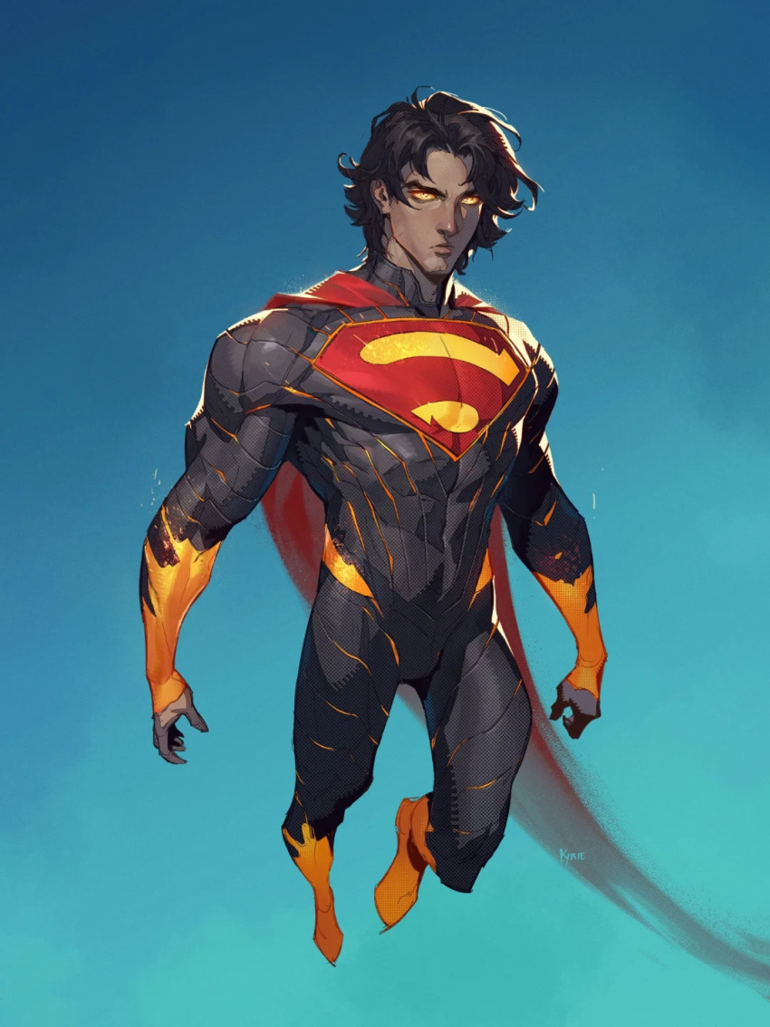 1boy, absolute_dc, absolute_superman, black_hair, bodysuit, cape, dc_comics, flying