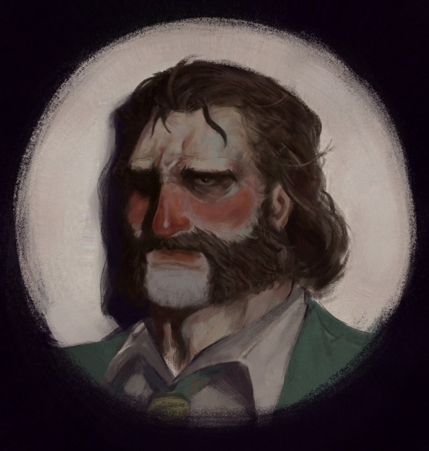 1boy, blush, brown_hair, collared_shirt, demermio, disco_elysium, facial_hair, frown_lines