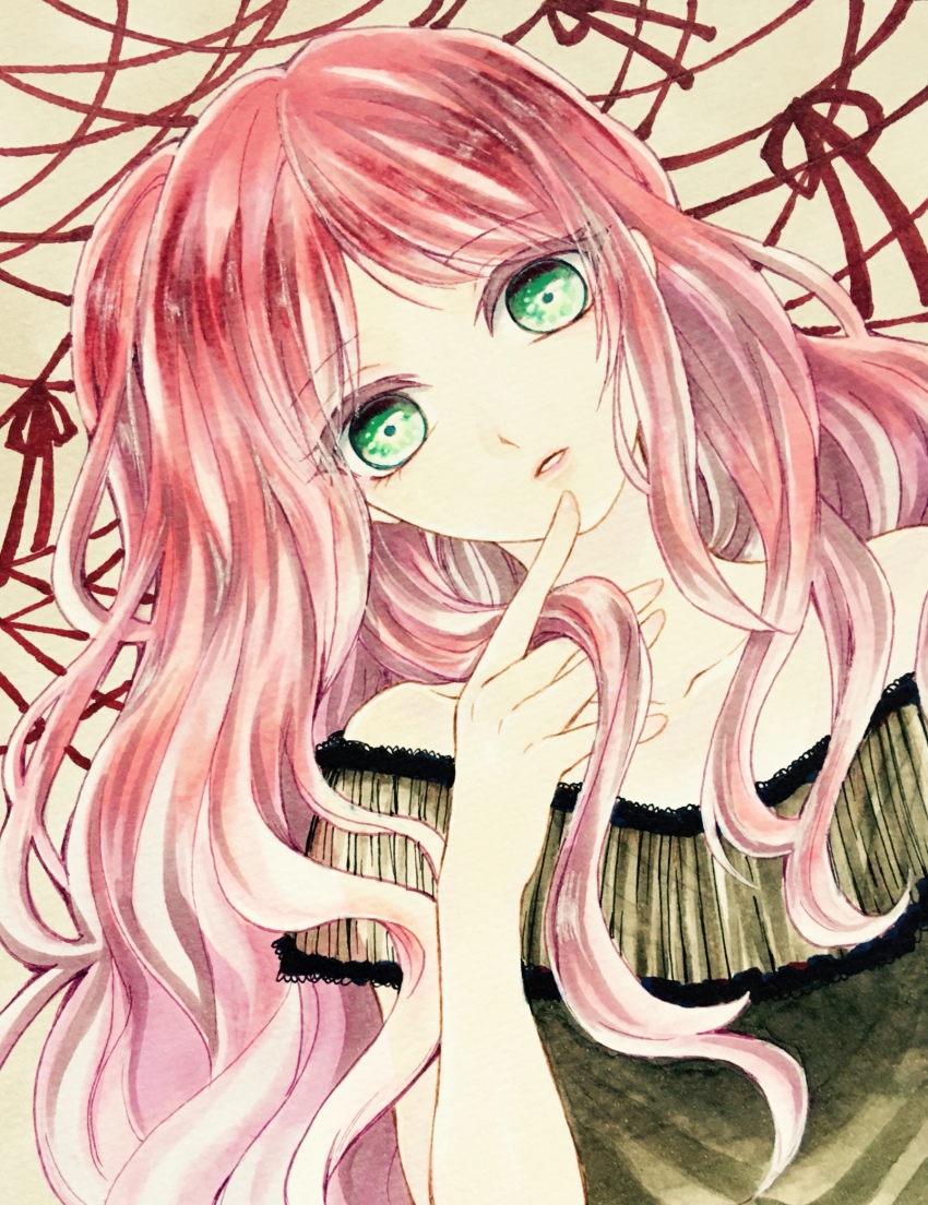 1boy, aya17, collarbone, commentary_request, dress, finger_to_mouth, green_dress, green_eyes, hanabusa_kokoro, hand_in_own_hair, head_tilt, highres, holding_own_hair, i-chu, long_hair, looking_at_viewer, parted_lips, pink_hair, red_ribbon, ribbon, simple_background, solo, trap, upper_body, wavy_hair