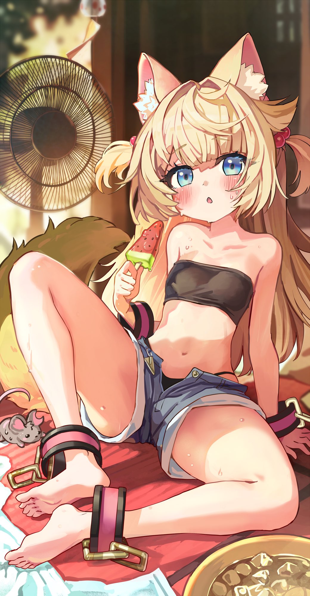 1girl, ankle_cuffs, black_panties, blonde_hair, blue_eyes, blue_shorts, blush, bowl, clavicles, cuemew_(vtuber), denim, denim_shorts, fan, food, ice_cubes, indie_virtual_youtuber, melaton_tw, panties, popsicle, shorts, sitting, solo, sweat, underwear, watermelon_bar