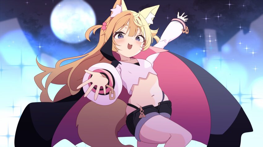 1girl, awa_ben_0521, black_cape, black_panties, black_shorts, blonde_hair, blue_background, blush