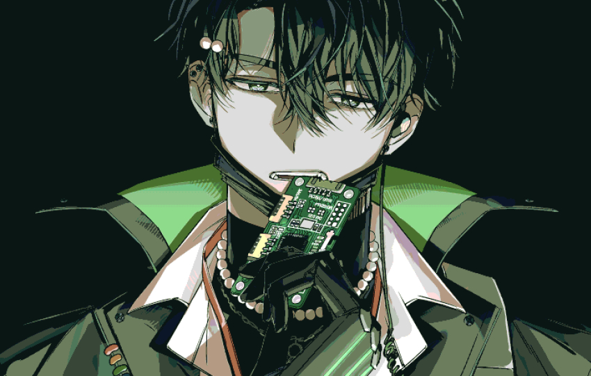 1boy, barcode, barcode_tattoo, biting, black_background, black_bodysuit, black_coat, black_hair