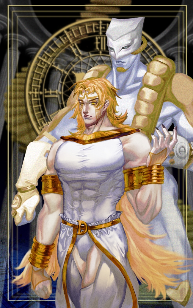 1boy, abs, armlet, black_nails, blonde_hair, bracelet, bracer, clothing_cutout