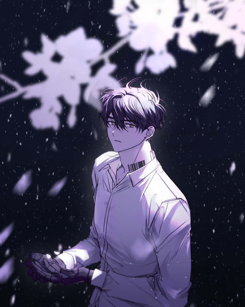 1boy, barcode, barcode_tattoo, black_background, black_hair, cherry_blossoms, collared_shirt, commentary