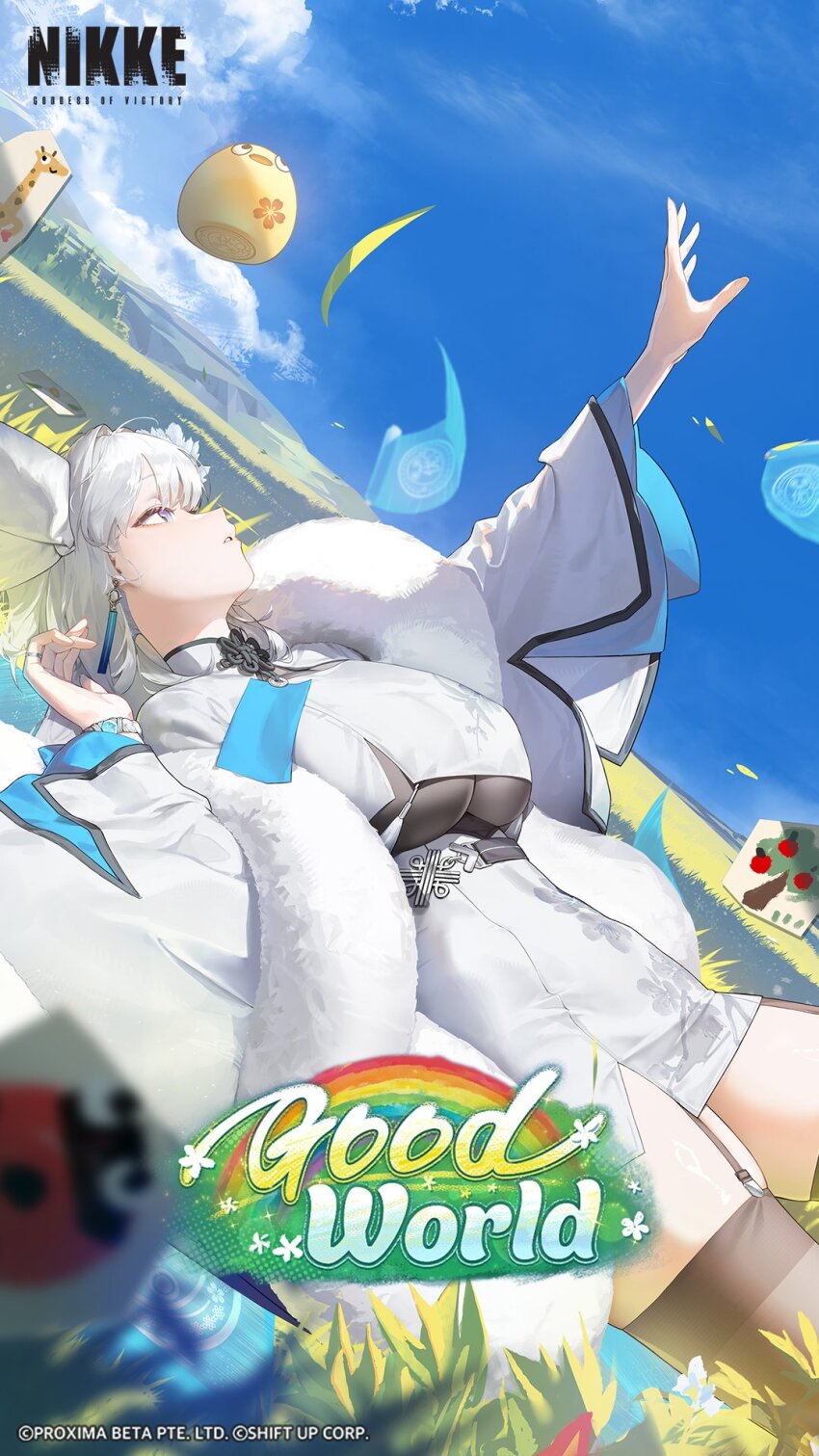 1girl, arm_up, artist_request, black_thighhighs, blue_sky, blurry, blurry_foreground, breasts