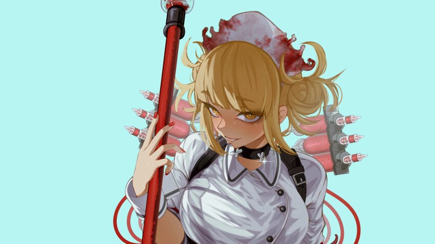 1girl, absurdres, black_choker, blonde_hair, blood, blood_bag, blood_on_clothes, blue_background