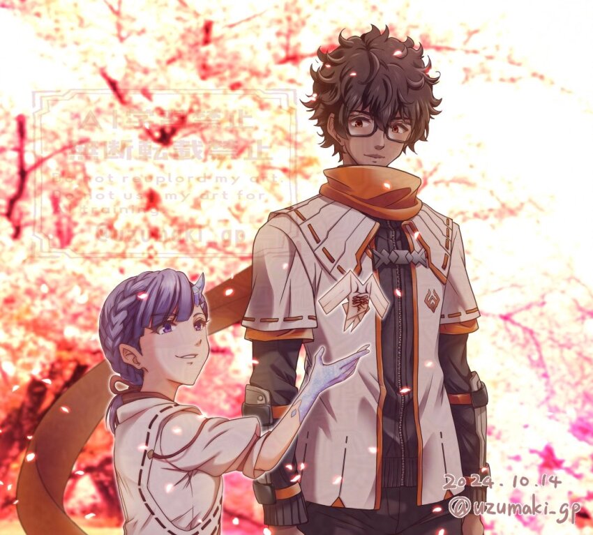 1boy, 1girl, artist_name, black-framed_eyewear, blurry, blurry_background, braid, brown_hair