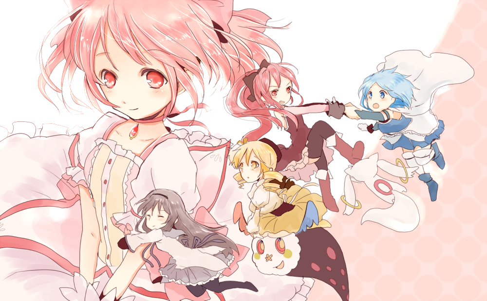 10s, 5girls, akemi_homura, akemi_homura_(magical_girl), bow, charlotte_(madoka_magica), kaname_madoka, kaname_madoka_(magical_girl)