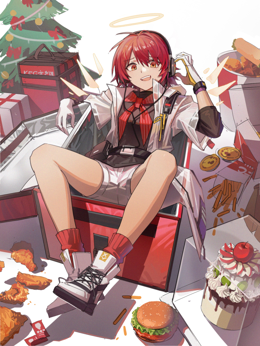 1girl, :d, antenna_hair, apple, apple_slice, arknights, arm_rest, belt, belt_buckle, belt_pouch, black_belt, black_shirt, box, bread, bread_bun, breasts, bucket, bucket_of_chicken, buckle, burger, cable, cake, chicken_(food), chicken_leg, chicken_wing, chocolate, christmas, christmas_ornaments, christmas_present, christmas_tree, coat, commentary, dessert, detached_wings, display_case, energy_wings, exusiai_(arknights), exusiai_(city_rider)_(arknights), fast_food, film_grain, flatbread, food, french_fries, fried_chicken, from_above, fruit, full_body, gift, gift_box, gift_wrapping, glass, gloves, hair_between_eyes, hair_over_one_eye, halo, hand_on_headphones, hand_up, happy, headphones, high_collar, highres, hongchamashu, hood, hood_down, hooded_coat, icing, in_box, in_container, insulated_delivery_bag, invisible_floor, ketchup, kfc, kiwi_(fruit), kiwi_slice, knees_apart_feet_together, layered_sleeves, leather_belt, legs, lettuce, long_sleeves, looking_at_viewer, looking_up, lying, medium_breasts, neckerchief, official_alternate_costume, on_back, open_box, open_clothes, open_coat, open_mouth, pine_tree, pot_pie, pouch, red_hair, red_neckerchief, red_socks, ribbed_socks, see-through_clothes, see-through_coat, shadow, shirt, shoelaces, shoes, short_hair, short_over_long_sleeves, short_shorts, short_sleeves, shorts, shoulder_strap, simple_background, smile, socks, solo, striped_neckerchief, takeout_container, teeth, thighs, tongue, tortilla, traditional_halo, tree, turtleneck, turtleneck_shirt, untranslatable_commentary, untucked_shirt, upper_teeth_only, white_background, white_coat, white_gloves, white_hood, white_shoes, white_shorts, wide_sleeves, wings, yellow_halo, yellow_wings, zipper, zipper_pull_tab