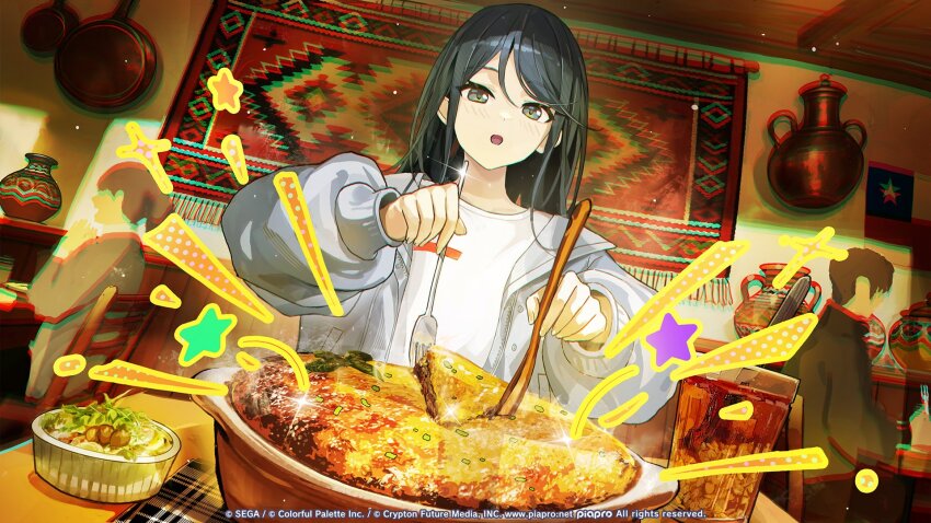 1girl, :o, black_eyes, black_hair, blush, chilean_flag, chromatic_aberration, cola