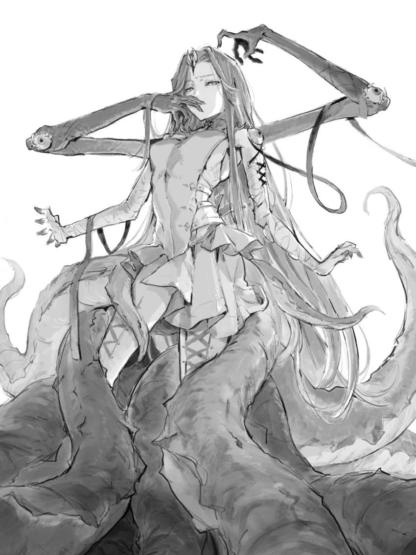 1girl, 24_(morimens), absurdres, bandaged_arm, bandages, breasts, commentary, extra_arms, highres, long_hair, looking_at_viewer, monochrome, morimens, simple_background, soahh_numb, solo, tentacles, white_background